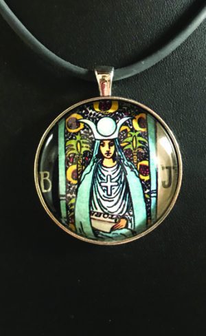 my inner witch | handmade tarot jewellery high priestess tarot pendant from waite smith tarot deck contemporary spiritual jewellery and mystical occult accessories